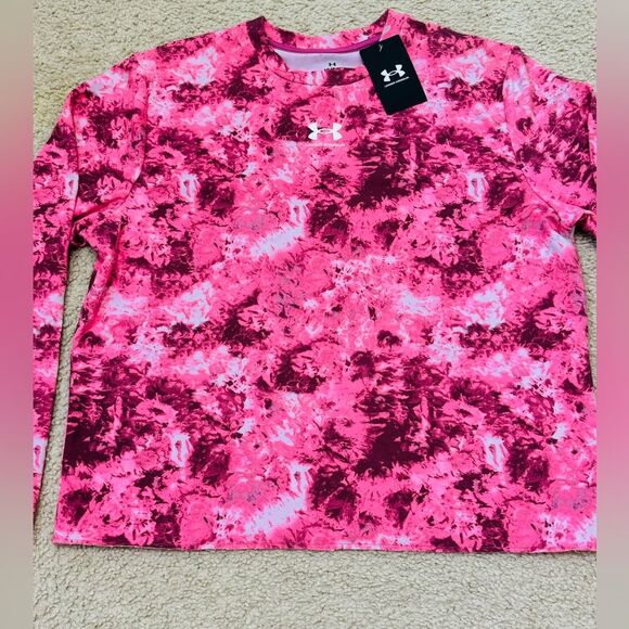 NWT Under Amour Women's Rival Terry Printed Crew T-Shirt in Pace Pink/White Sz L - Picture 6 of 12
